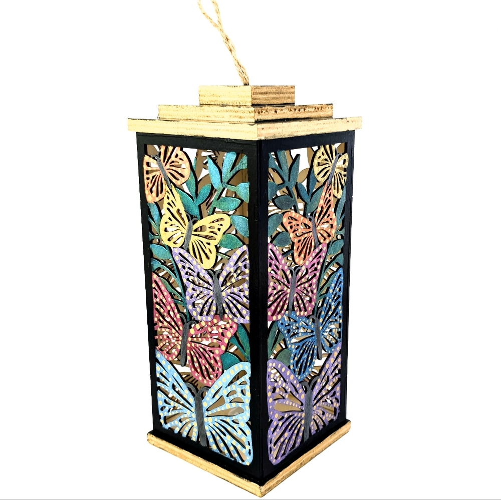 OOAK Handcrafted Butterfly Lantern – Metallic Wooden LED Light – 10.5"